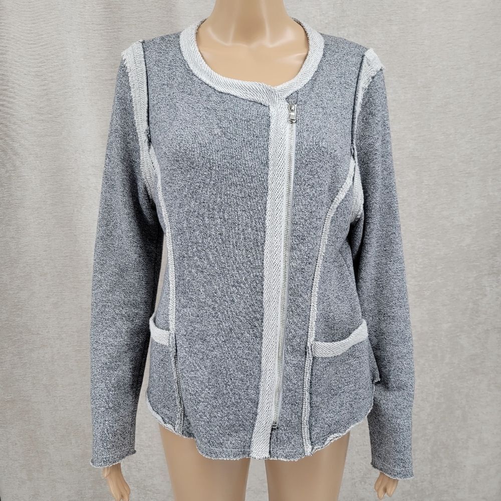 ii Sisters Gray Asymmetrical Full Zip Cardigan Sweater Jacket Cotton Terry Knit